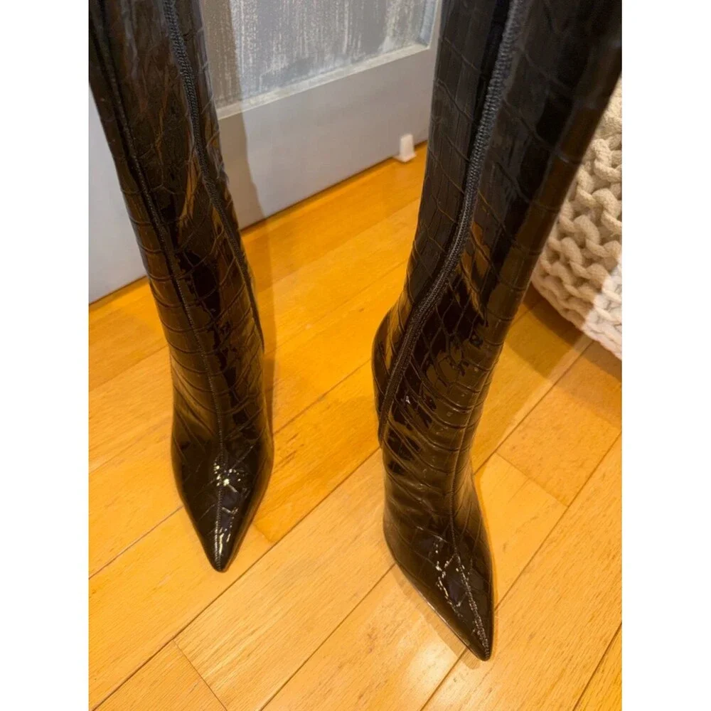 INC International Concepts Black Croc-Embossed Over-the-Knee Pointed Boots